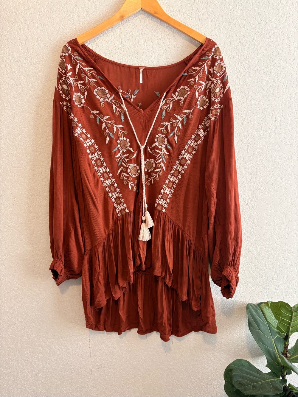 Free People Wild Dreams Embroidered Tunic Top Dress Medium Rust Long Sleeve - Picture 6 of 6